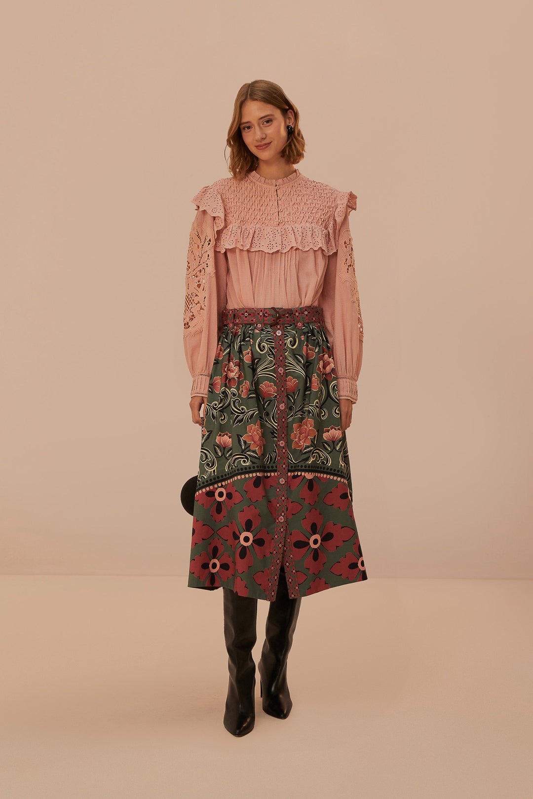 Farm Rio Arabesque Floral Green Buttons Midi Skirt