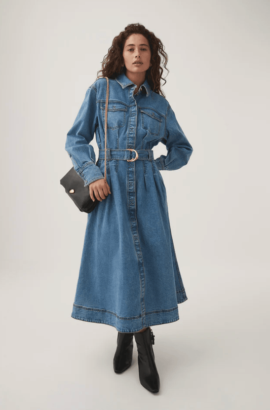 Aje collared long sleeve denim midi dress