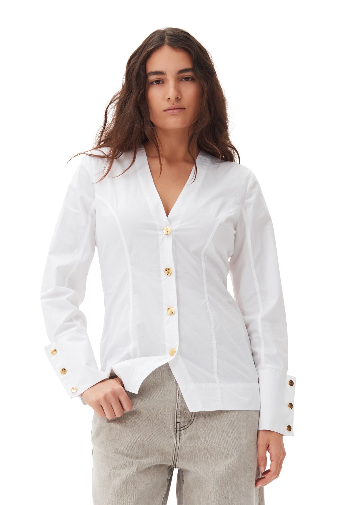 Ganni Cotton Poplin V - Neck Shirt - Frock Shop