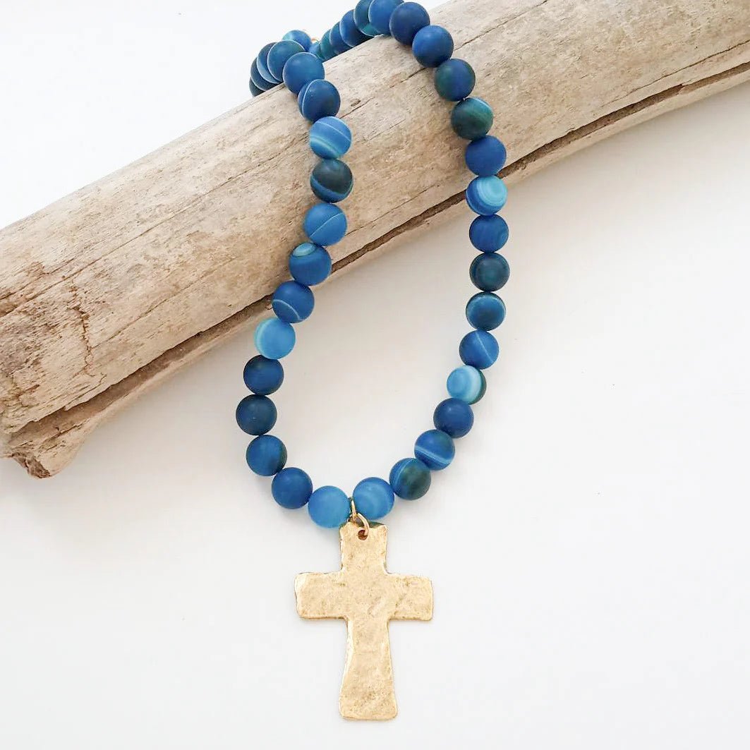 Gemstone Beaded Necklace W/ Hammered Cross - Frock Shop