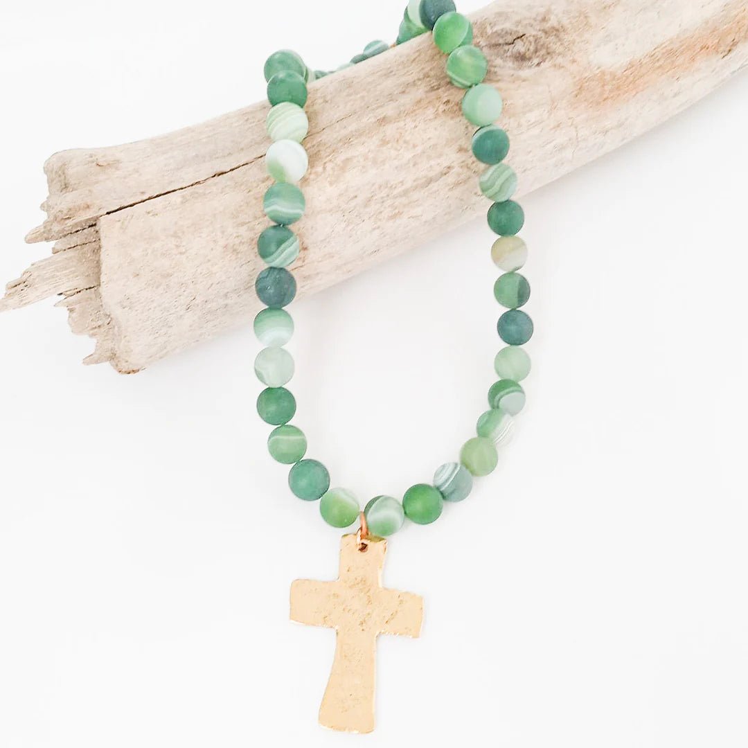 Gemstone Beaded Necklace W/ Hammered Cross - Frock Shop