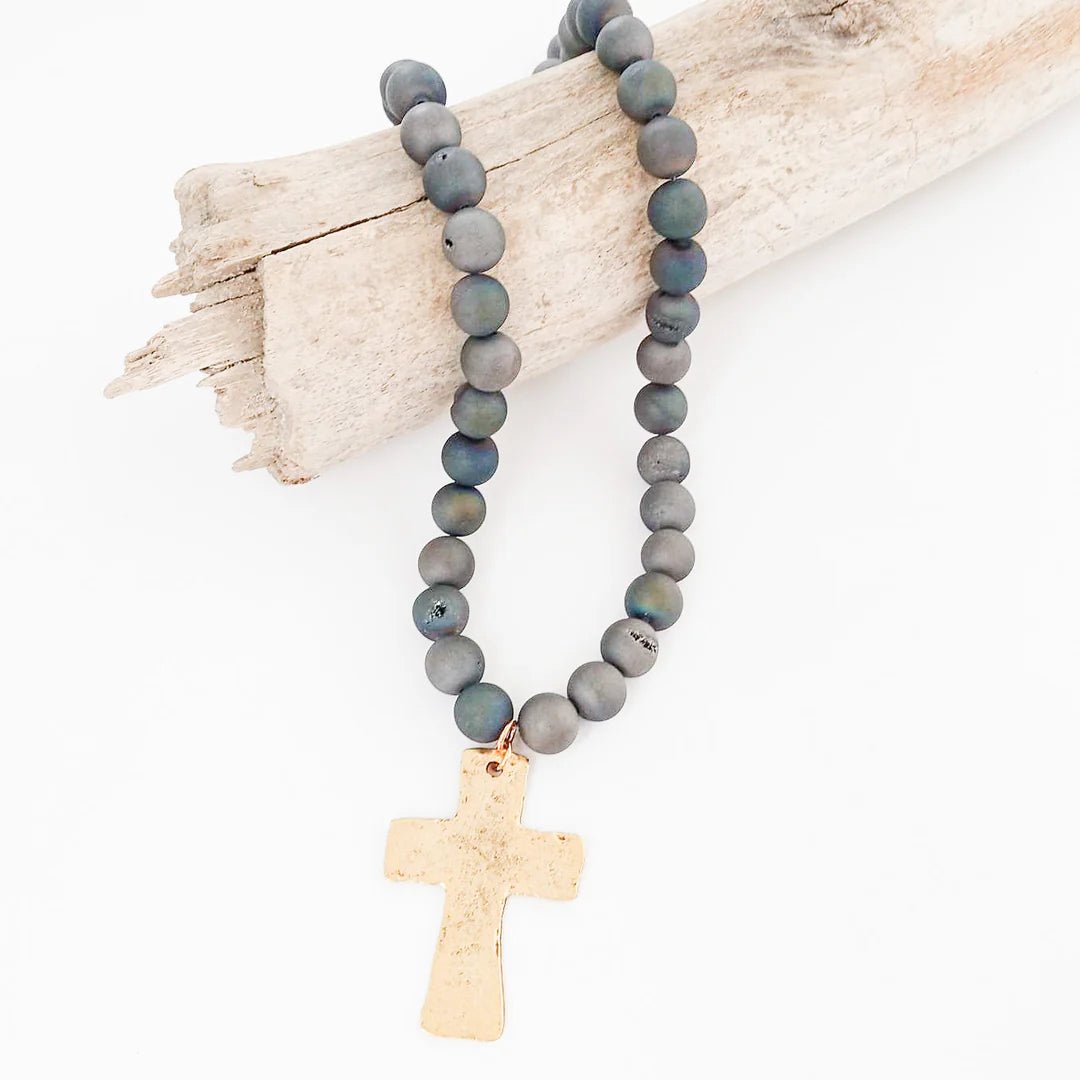 Gemstone Beaded Necklace W/ Hammered Cross - Frock Shop