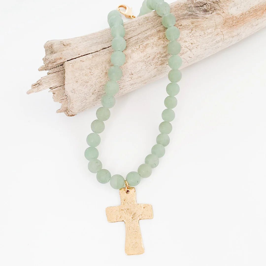 Gemstone Beaded Necklace W/ Hammered Cross - Frock Shop