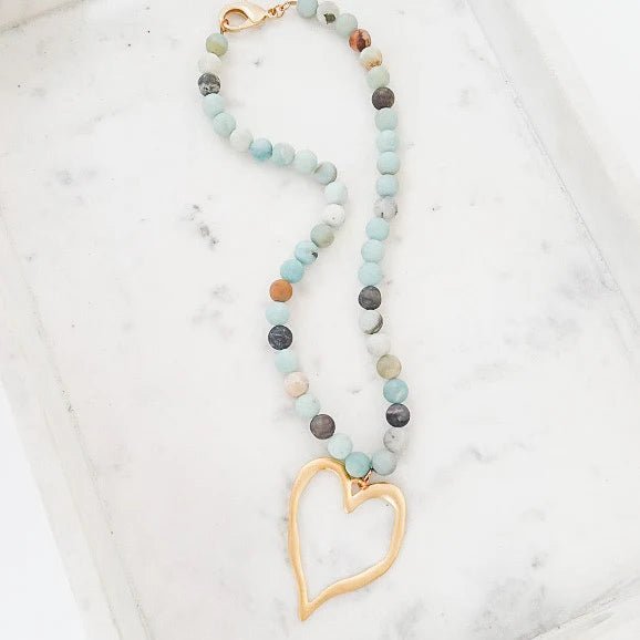 Gemstone Beaded Necklace w/ XL Heart - Frock Shop