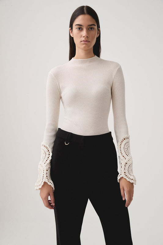 Aje white long sleeve crochet top