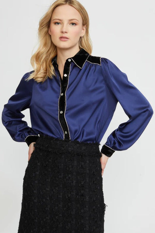 Velvet Mixed Button Down Top - Frock Shop